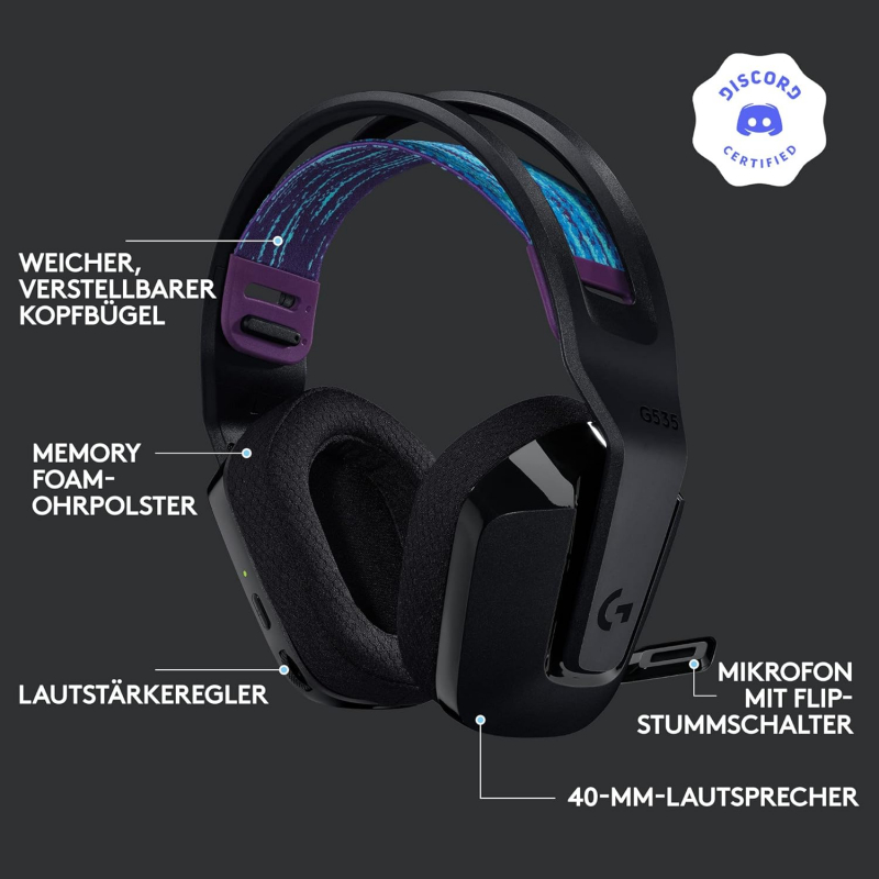 Logitech G535 LIGHTSPEED kabelloses Gaming-Headset – Flip-Stummschaltung, Stereo, kompatibel mit PC, PS4, PS5, wiederaufladbar über USB – Schwarz (981-000972)