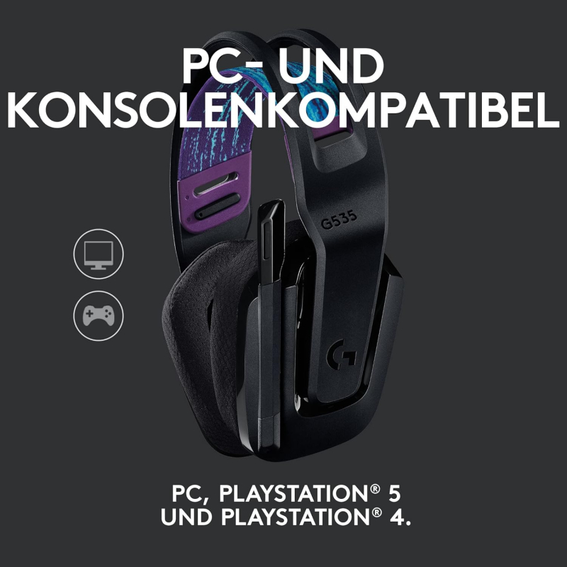 Logitech G535 LIGHTSPEED kabelloses Gaming-Headset – Flip-Stummschaltung, Stereo, kompatibel mit PC, PS4, PS5, wiederaufladbar über USB – Schwarz (981-000972)