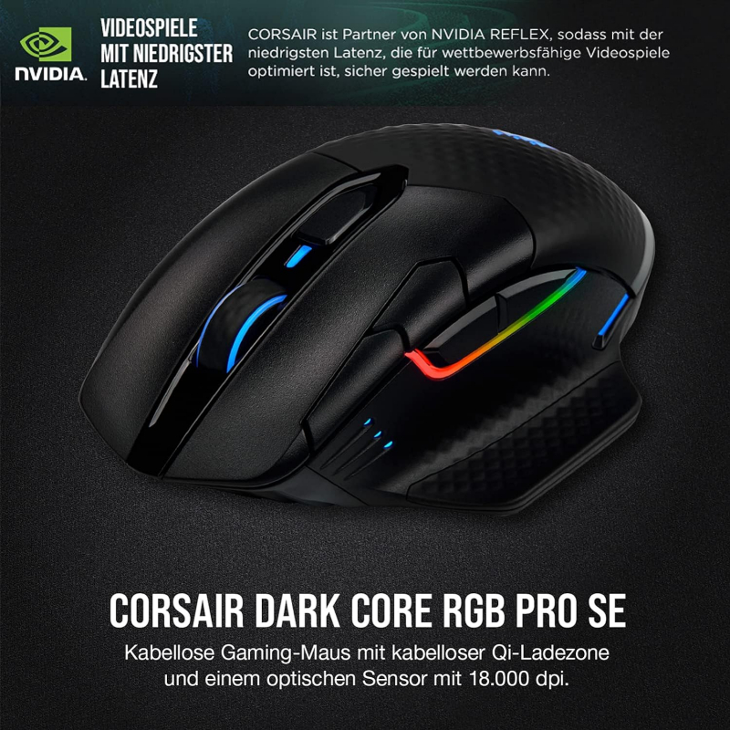 CORSAIR Dark Core RGB Pro SE Wireless FPS/MOBA Gaming Maus Mit Qi Wireless Charging - 18.000 DPI - Sub-1ms - iCUE Kompatibel - PC, Mac, PS5, PS4, Xbox - Schwarz (CH-9315511-EU)