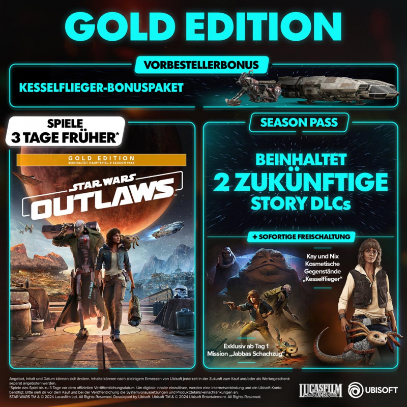 Star Wars Outlaws Gold Edition (deutsch spielbar) (AT PEGI) (PS5) inkl. 3 Tage früher spielen / Kesselflieger-Bonuspaket / Season Pass / Bonus-Mission